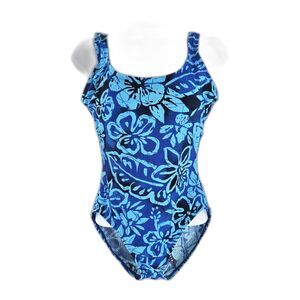 Vintage 90s/ Y2K Catalina Swimsuit Plus Size 1XL(16W) 1pc Blue Floral Ribbed